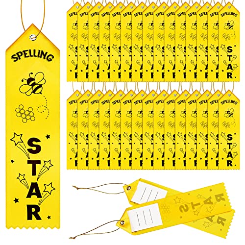 Thenshop 50 Pcs Spelling Star Award Ribbon with Event Card and String Yellow Bee Flat Carded Competition Ribbons for Kids Students Competition Contests Reward School Classroom Supplies - Image 1