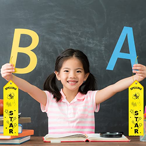 Thenshop 50 Pcs Spelling Star Award Ribbon with Event Card and String Yellow Bee Flat Carded Competition Ribbons for Kids Students Competition Contests Reward School Classroom Supplies - Image 2