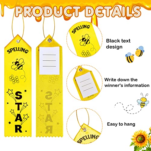 Thenshop 50 Pcs Spelling Star Award Ribbon with Event Card and String Yellow Bee Flat Carded Competition Ribbons for Kids Students Competition Contests Reward School Classroom Supplies - Image 4