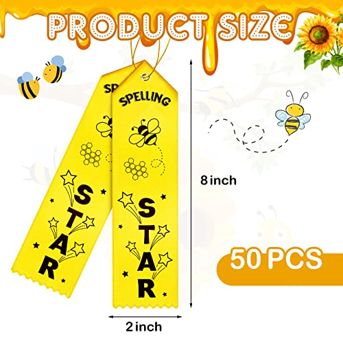 Thenshop 50 Pcs Spelling Star Award Ribbon with Event Card and String Yellow Bee Flat Carded Competition Ribbons for Kids Students Competition Contests Reward School Classroom Supplies - Image 3