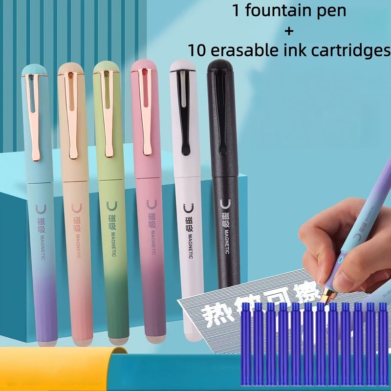 1 Pen Set With 10 Erasable Blue Black Ink Refills 0.38mm Electroplated Colorful Nib Magnetic Cap Design For School Journal Writing - Image 1