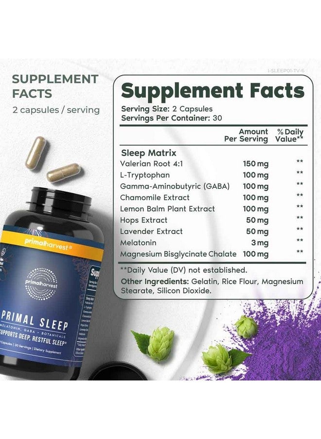 Primal Harvest Primal Sleep Support Supplement, 60 Capsules with Valerian Root, L-Tryptophan, GABA, Chamomile, and Melatonin 3mg - Image 2