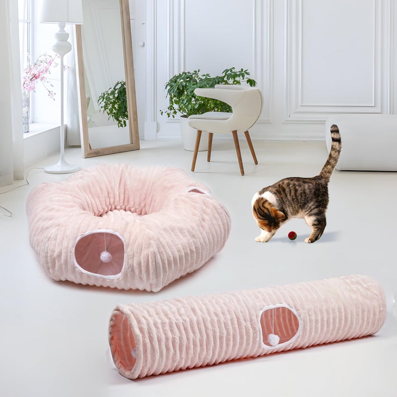 FORMYCATIE Luxurious Cat Tunnel,43" Straight Cat Tunnel Toys with Balls for Indoor,Collapsible Peekaboo Cave for Kittenï¼ˆPink Stripeï¼‰ - Image 2
