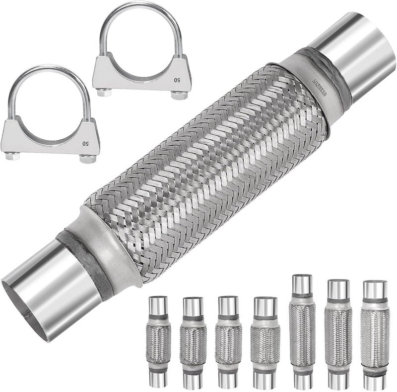 Mardatt 3Pcs Exhaust Flex Pipe Heavy Duty Stainless Steel Exhaust Flex Pipe Double Braid Flex Tube U-Bolt Clamp Stainless Steel Muffler U-Bolt Clamps for Cars Trucks Buses Pipes(2"x8"x12") - Image 1
