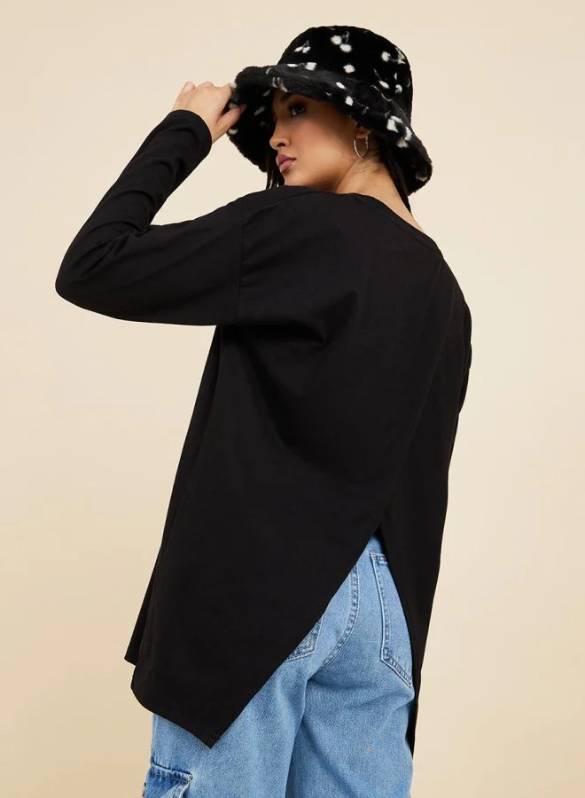 Styli Drop Sleeve Split Hem Oversized Longline T-Shirt