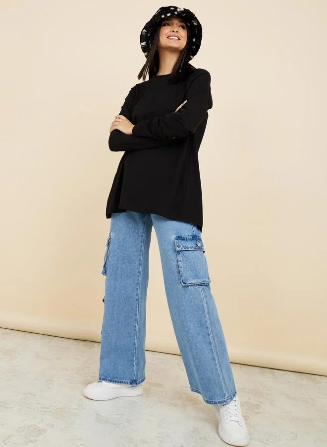 Styli Drop Sleeve Split Hem Oversized Longline T-Shirt