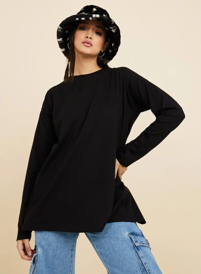 Styli Drop Sleeve Split Hem Oversized Longline T-Shirt