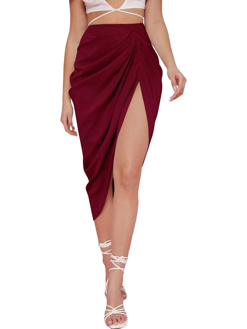WDIRARA Women's Ruched Hign Split Midi Skirts Side Slit High Waist Wrap Skirt Pure Burgundy Large - Image 1