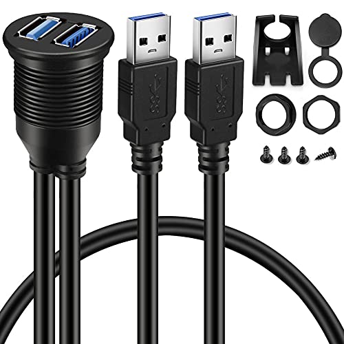 BATIGE 2 Ports Dual USB 3.0 Male to USB 3.0 Female AUX Flush Mount Car Mount Extension Cable for Car Truck Boat Motorcycle Dashboard Panel -3ft - Image 1