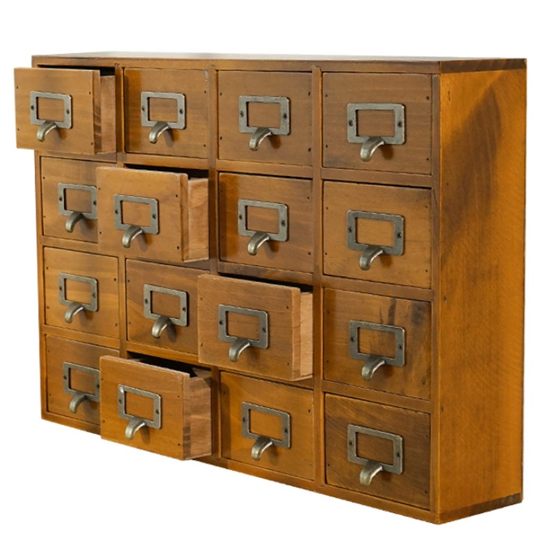 Card Catalog Desk Drawer Organizer Wooden Storage Box with 16 Drawers Home Office Desk Organizer Curio Cabinet Rustic Drawers Dressers for Countertop Apothecary Cabinet Tea Coffee Pod Storage