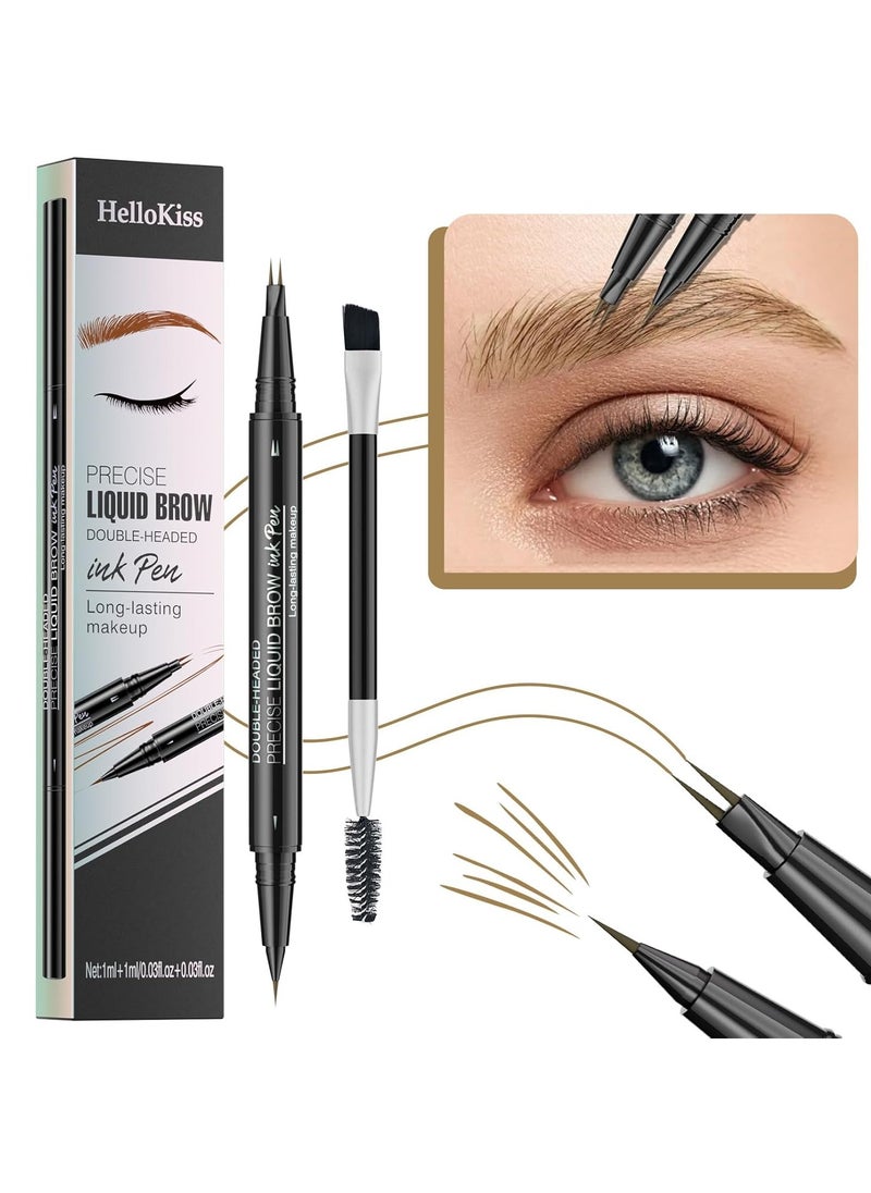 HelloKiss - Precise Liquid Eyebrow Pen with Brush Double Headed Ink Pen 2 Tip Microblading Brow Pen Curved Eyebrow Pencil, 2 Fork Tip Eye Pen Waterproof Long Lasting Ink Pen Light Brown 01 - Image 1