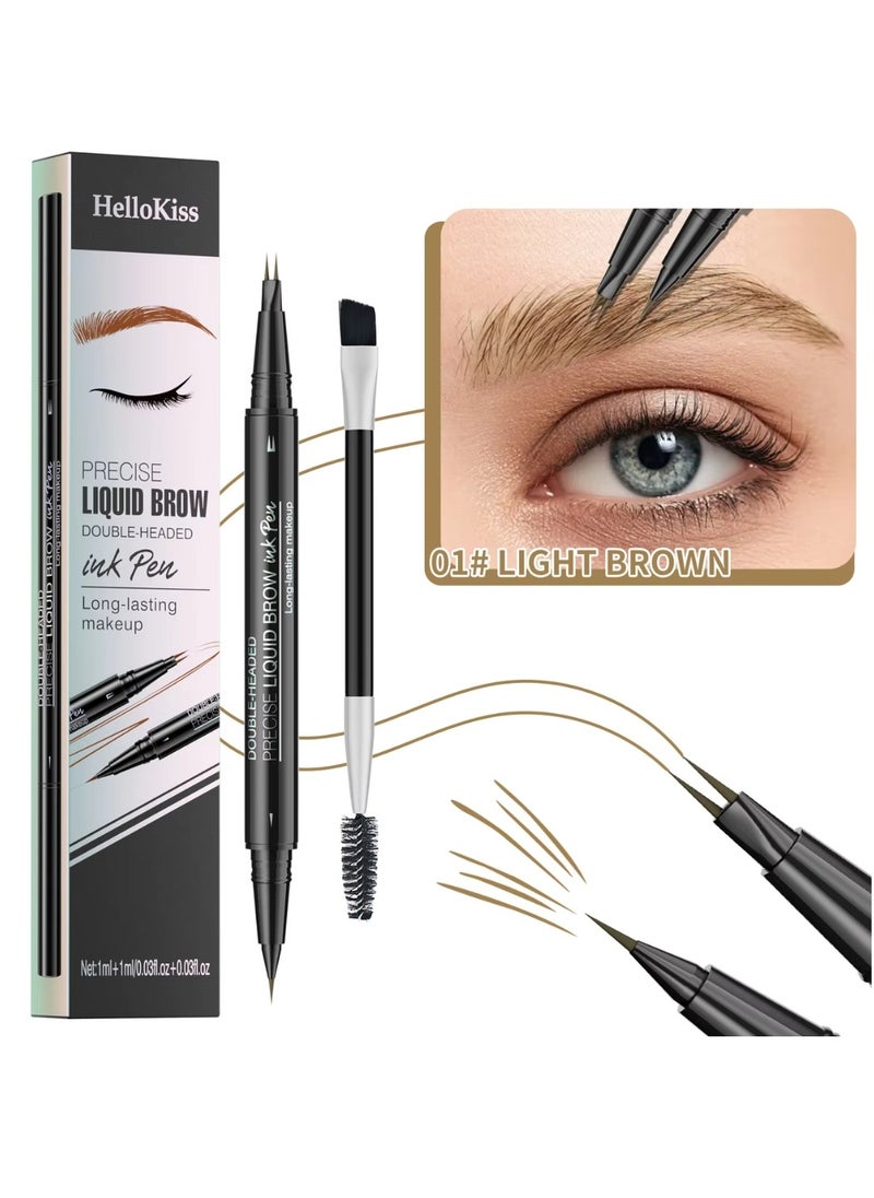 HelloKiss - Precise Liquid Eyebrow Pen with Brush Double Headed Ink Pen 2 Tip Microblading Brow Pen Curved Eyebrow Pencil, 2 Fork Tip Eye Pen Waterproof Long Lasting Ink Pen Light Brown 01 - Image 1