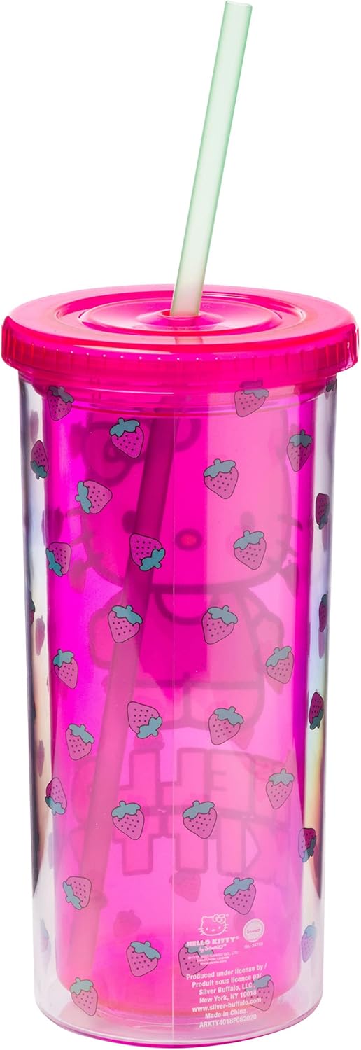 Silver Buffalo Sanrio Hello Kitty Strawberry Pattern Plastic Cold Cup with Lid and Straw 20 Ounces - Image 2
