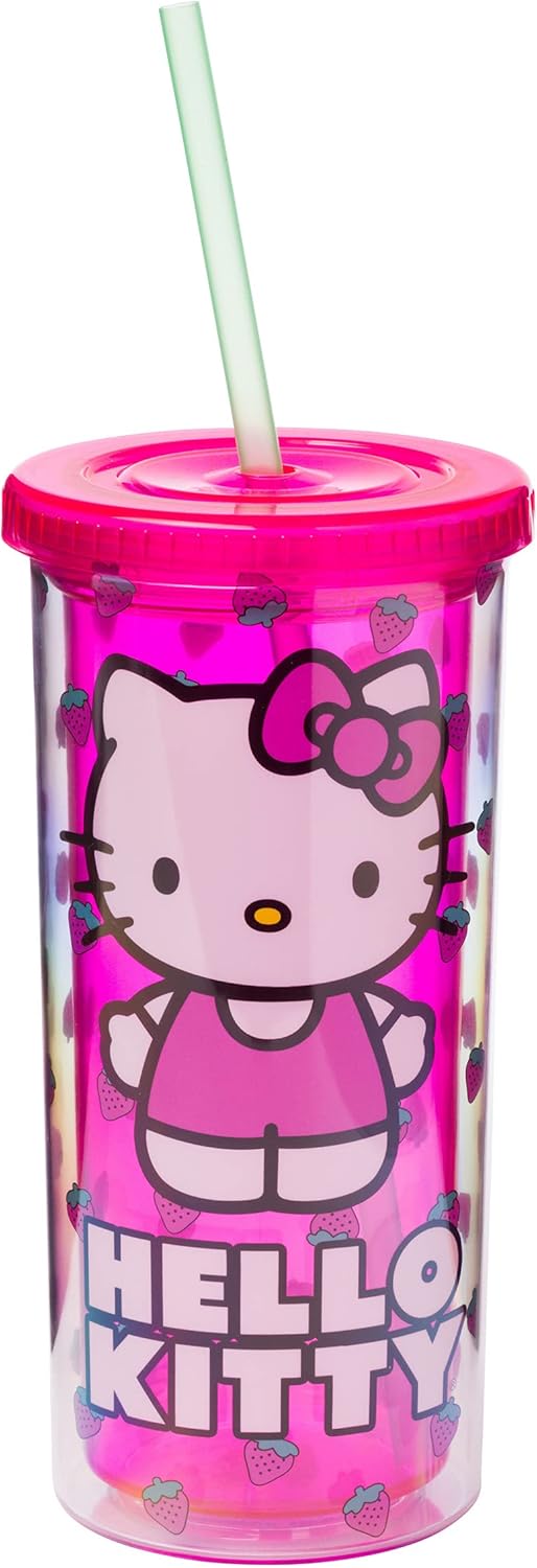 Silver Buffalo Sanrio Hello Kitty Strawberry Pattern Plastic Cold Cup with Lid and Straw 20 Ounces - Image 1