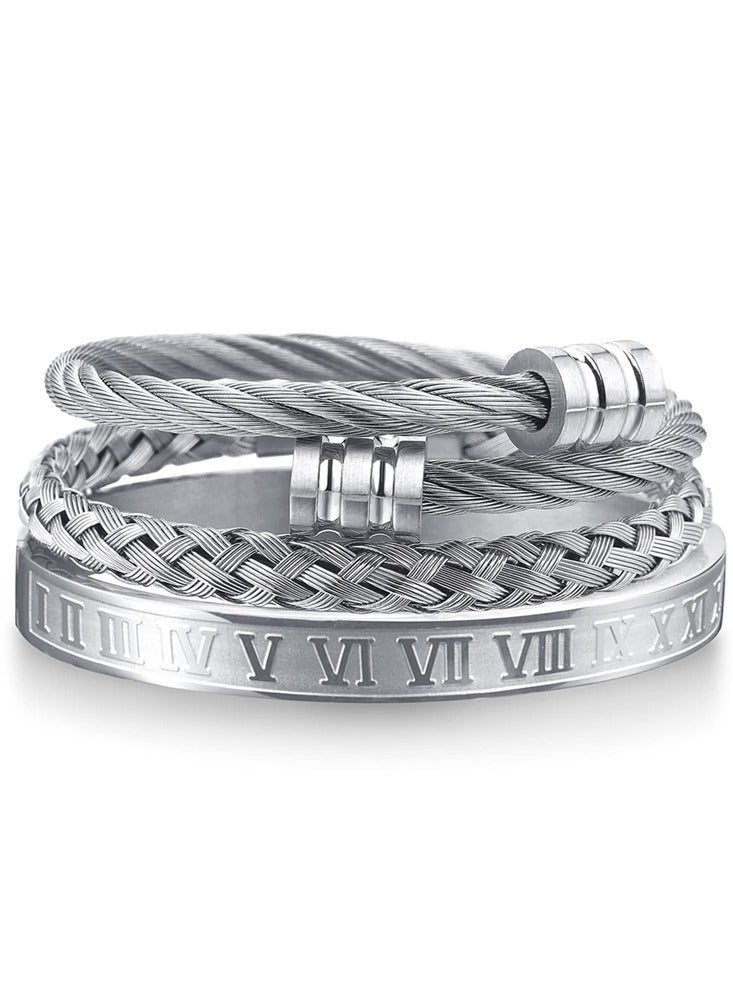 3Pcs Stainless Steel Bracelets for Men Roman Numeral Bangle Bracelet Adjustable Cuff Bracelet Twisted Cable Bracelet Mens Luxury Bracelets Jewelry Gifts Silver - Image 1