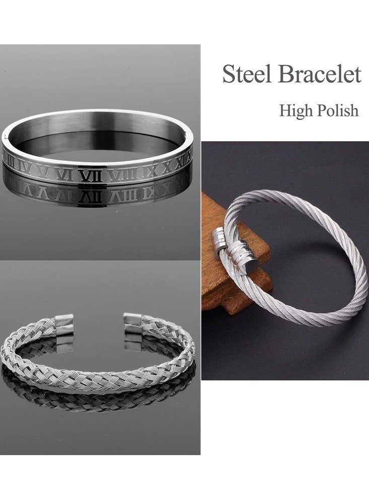 3Pcs Stainless Steel Bracelets for Men Roman Numeral Bangle Bracelet Adjustable Cuff Bracelet Twisted Cable Bracelet Mens Luxury Bracelets Jewelry Gifts Silver - Image 2