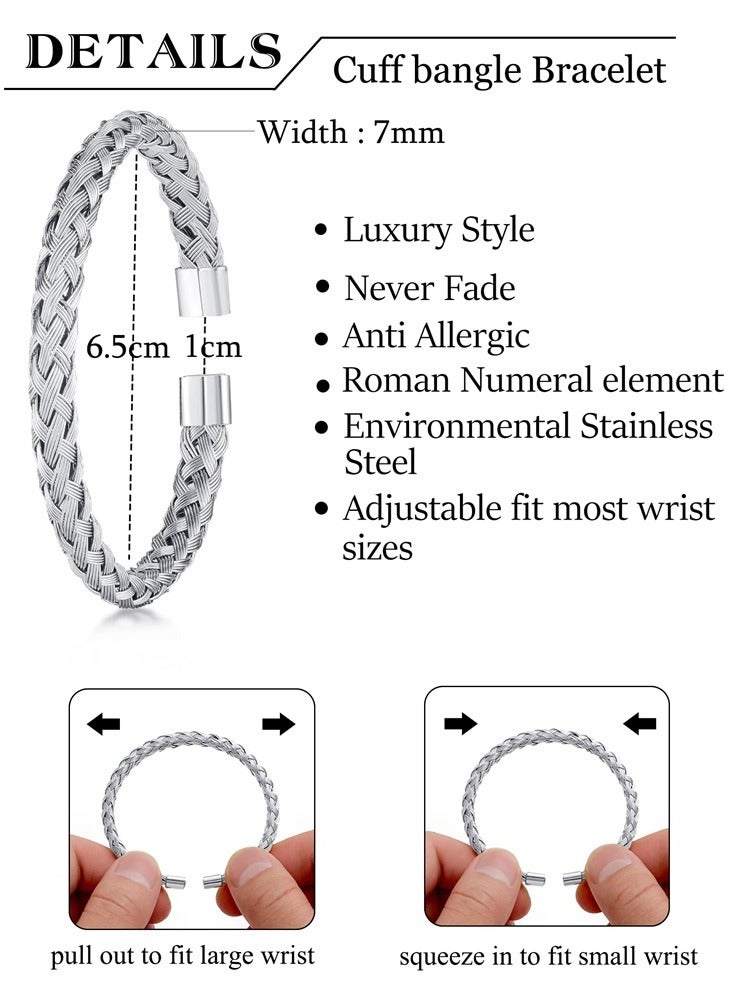 3Pcs Stainless Steel Bracelets for Men Roman Numeral Bangle Bracelet Adjustable Cuff Bracelet Twisted Cable Bracelet Mens Luxury Bracelets Jewelry Gifts Silver - Image 4