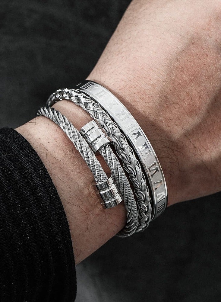 3Pcs Stainless Steel Bracelets for Men Roman Numeral Bangle Bracelet Adjustable Cuff Bracelet Twisted Cable Bracelet Mens Luxury Bracelets Jewelry Gifts Silver - Image 5