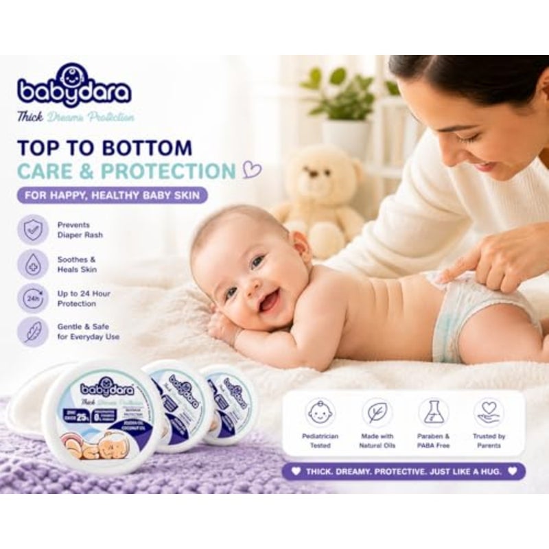 Babydara Baby Diaper Rash Cream Pack of 3,25% Zinc Oxide Formula, Maximum Protection, Helps Prevent and Soothe Diaper Rash, Long-Lasting Moisture Barrier, Gentle Care for Sensitive Baby Skin, 3X100g - Image 4