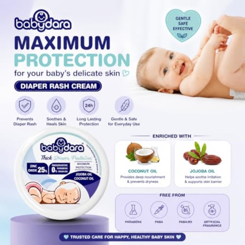 Babydara Baby Diaper Rash Cream Pack of 3,25% Zinc Oxide Formula, Maximum Protection, Helps Prevent and Soothe Diaper Rash, Long-Lasting Moisture Barrier, Gentle Care for Sensitive Baby Skin, 3X100g - Image 2
