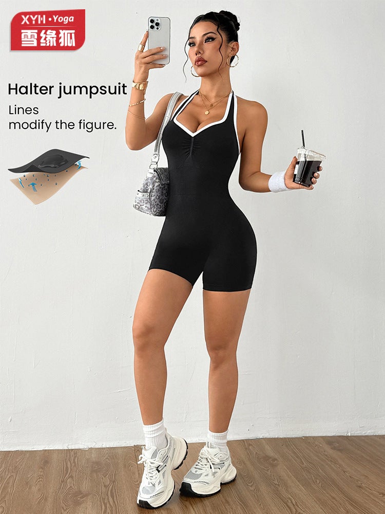 Women's Color-Block Halter Neck Backless Yoga Bodysuit Shorts with Heart  Neckline - Image 2