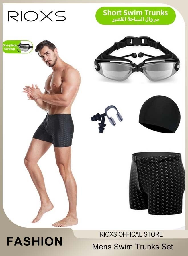 Adult Men's Short Swim Trunks Set with Professional Anti-Fog Swim Goggles Nose Clip Ear Plugs and Swim Cap