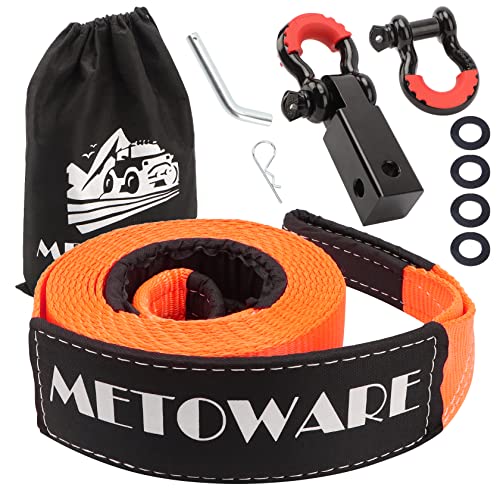 METOWARE Heavy Duty Tow Strap Recovery Kit - 3" x 20ft(35,000lbs) Tree Saver Winch Strap + 3/4" D Ring Shackles(2pcs) +2"Shackle Hitch Receiver + 5/8 Hitch Pin + Storage Bag - Truck, SUV, ATV Off Road - Image 1