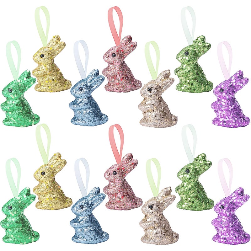 Watayo 14 PCS Easter Foam Glitter Rabbit Ornament-Easter Colored Bunny Hanging Ornament for Easter Party Supplies DIY Decoration Gift - Image 1