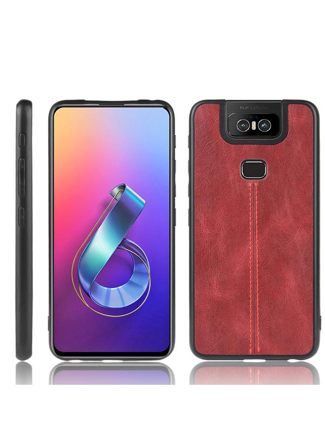 اس-توب جراب لهاتف Asus Zenfone 6 ZS630KL مقاوم للصدمات بنمط جلد البقر المخيط، مصنوع من مادة PC + PU + TPU - Image 1