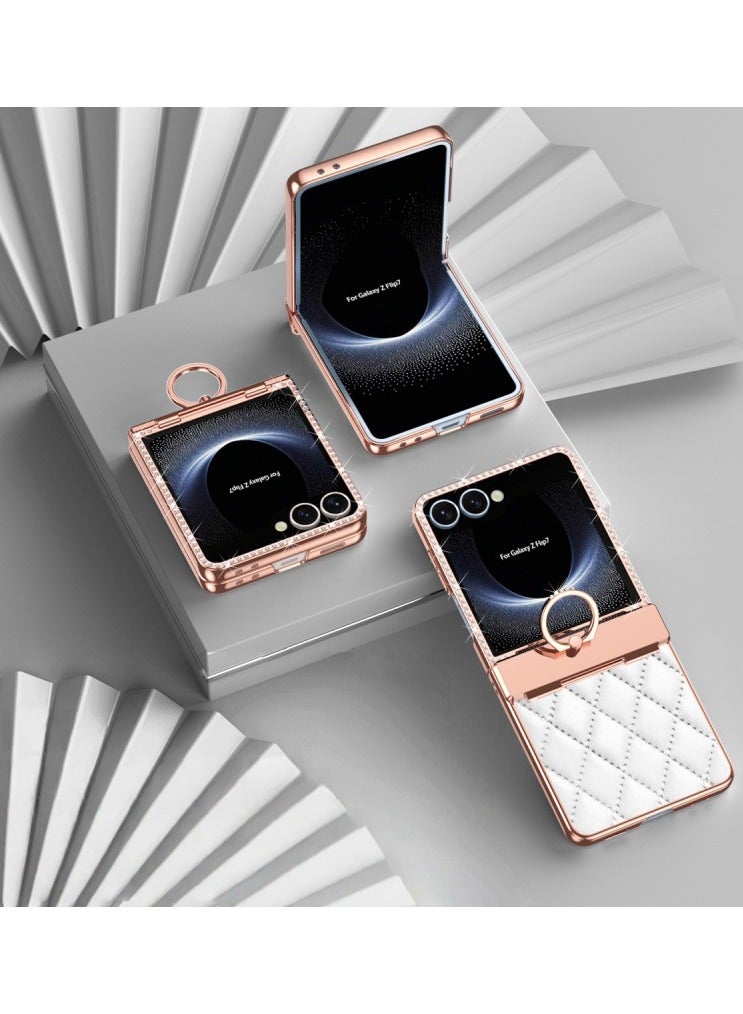 general Case Compatible with Samsung Galaxy Z Flip 7, Leather Plating Glitter Bling Diamond Hinge Phone Case Shockproof Ring Protective Cover - Image 1