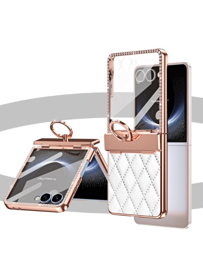 general Case Compatible with Samsung Galaxy Z Flip 7, Leather Plating Glitter Bling Diamond Hinge Phone Case Shockproof Ring Protective Cover - Image 2