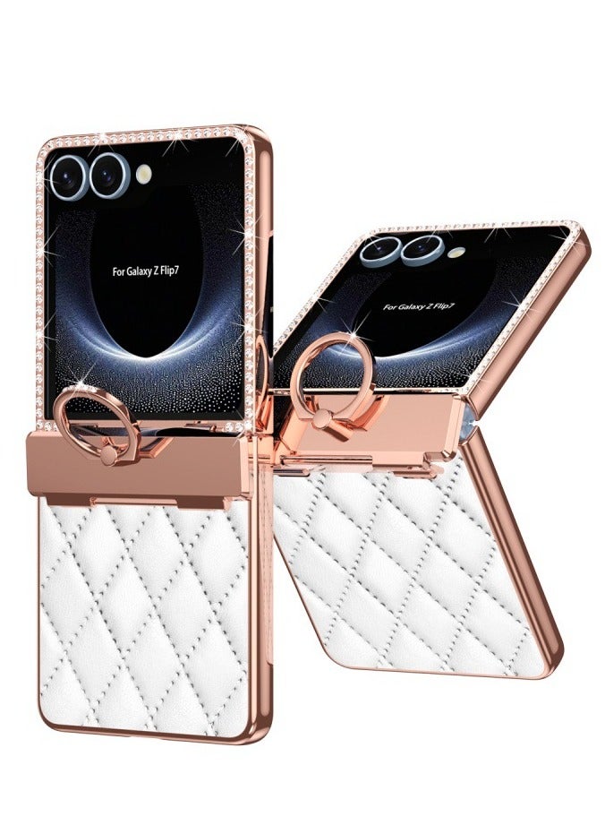 general Case Compatible with Samsung Galaxy Z Flip 7, Leather Plating Glitter Bling Diamond Hinge Phone Case Shockproof Ring Protective Cover - Image 3