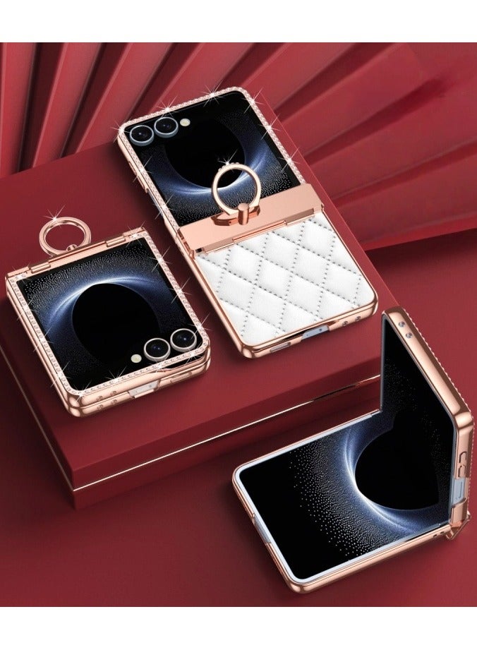 general Case Compatible with Samsung Galaxy Z Flip 7, Leather Plating Glitter Bling Diamond Hinge Phone Case Shockproof Ring Protective Cover - Image 4