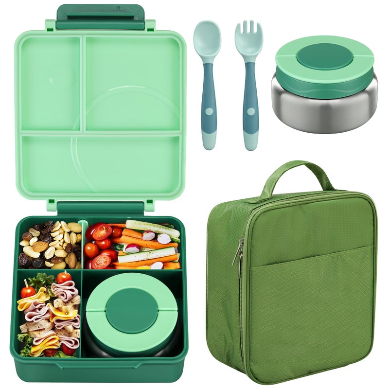 Bento Lunch Box Set for Kids with 8oz Soup Thermo LeakProof Lunch Containers with 4 Compartment Kids Thermo Hot Food Jar and Insulated Lunch Bag for Kid to SchoolGreen