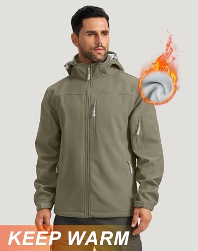 Pudolla Men's Softshell Jacket Fleece Lined Water Resistant Hooded Winter Coats for Men Outdoor Work Hiking with Pockets(Dusty Khaki Large) - Image 3