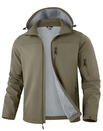 Pudolla Men's Softshell Jacket Fleece Lined Water Resistant Hooded Winter Coats for Men Outdoor Work Hiking with Pockets(Dusty Khaki Large) - Image 1