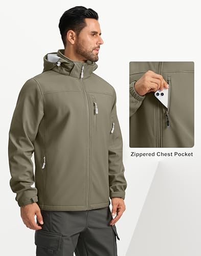 Pudolla Men's Softshell Jacket Fleece Lined Water Resistant Hooded Winter Coats for Men Outdoor Work Hiking with Pockets(Dusty Khaki Large) - Image 4