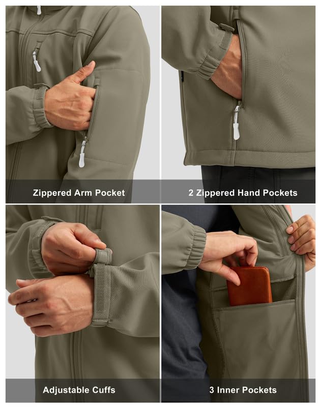 Pudolla Men's Softshell Jacket Fleece Lined Water Resistant Hooded Winter Coats for Men Outdoor Work Hiking with Pockets(Dusty Khaki Large) - Image 2