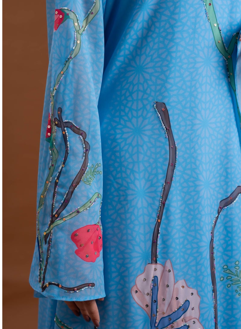 AINSIABI Mirab Blue Embroidered Kaftan for Women – Modest Floral Kaftan Dress | Islamic Maxi Gown for Eid Ramadan | Muslim Ladies Long Robe - Image 4