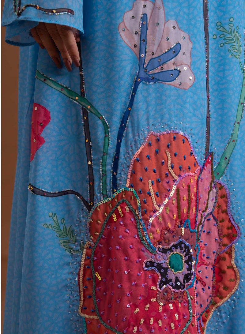 AINSIABI Mirab Blue Embroidered Kaftan for Women – Modest Floral Kaftan Dress | Islamic Maxi Gown for Eid Ramadan | Muslim Ladies Long Robe - Image 3