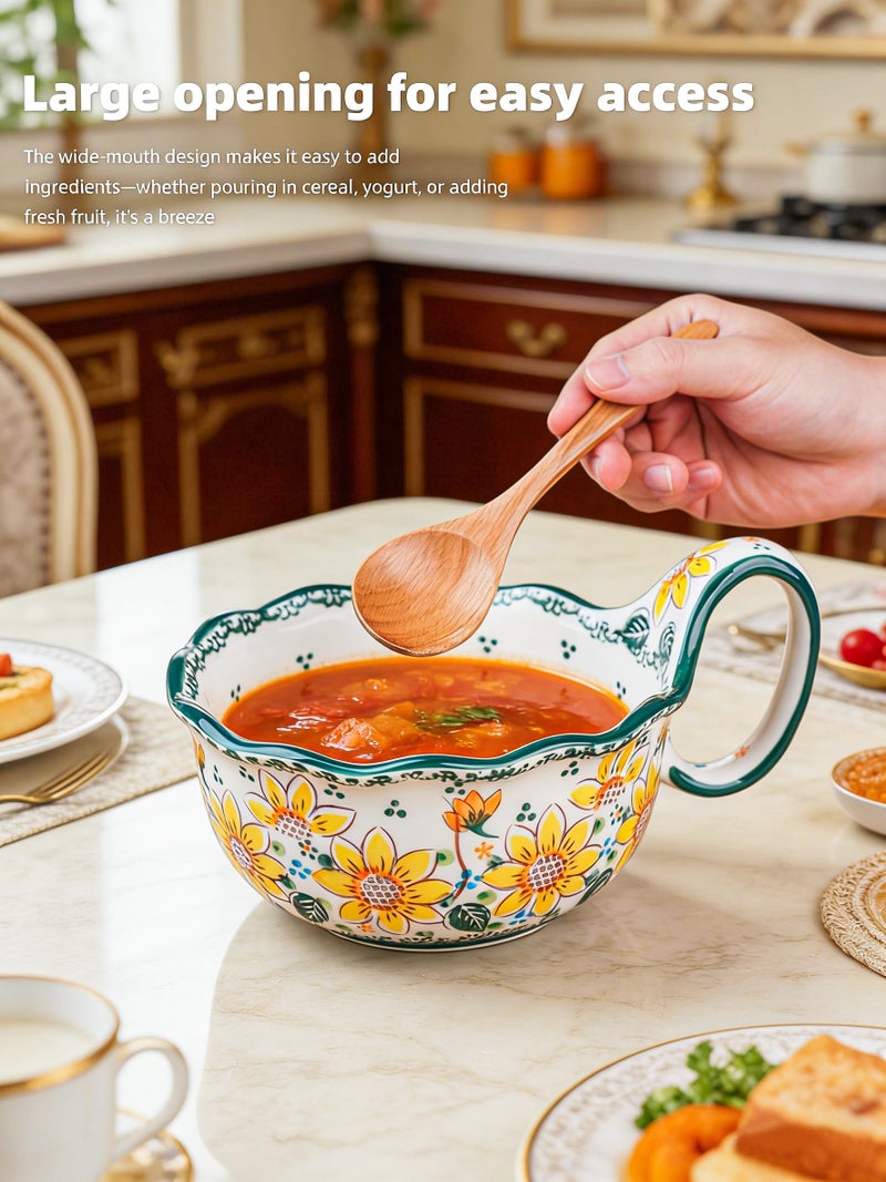 silesia Handmade Ceramic Soup Bowl, 30 oz Hand Painted Bowl with Loop Handle, Floral Design Cereal Bowl for Soup, Ice cream, Snack, Microwave & Dishwasher Safe (Sunflower) - Image 3