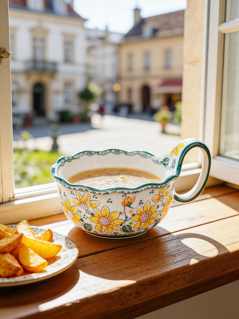 silesia Handmade Ceramic Soup Bowl, 30 oz Hand Painted Bowl with Loop Handle, Floral Design Cereal Bowl for Soup, Ice cream, Snack, Microwave & Dishwasher Safe (Sunflower) - Image 4