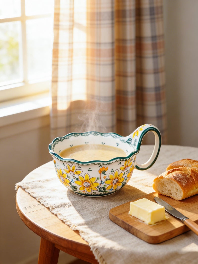 silesia Handmade Ceramic Soup Bowl, 30 oz Hand Painted Bowl with Loop Handle, Floral Design Cereal Bowl for Soup, Ice cream, Snack, Microwave & Dishwasher Safe (Sunflower) - Image 5