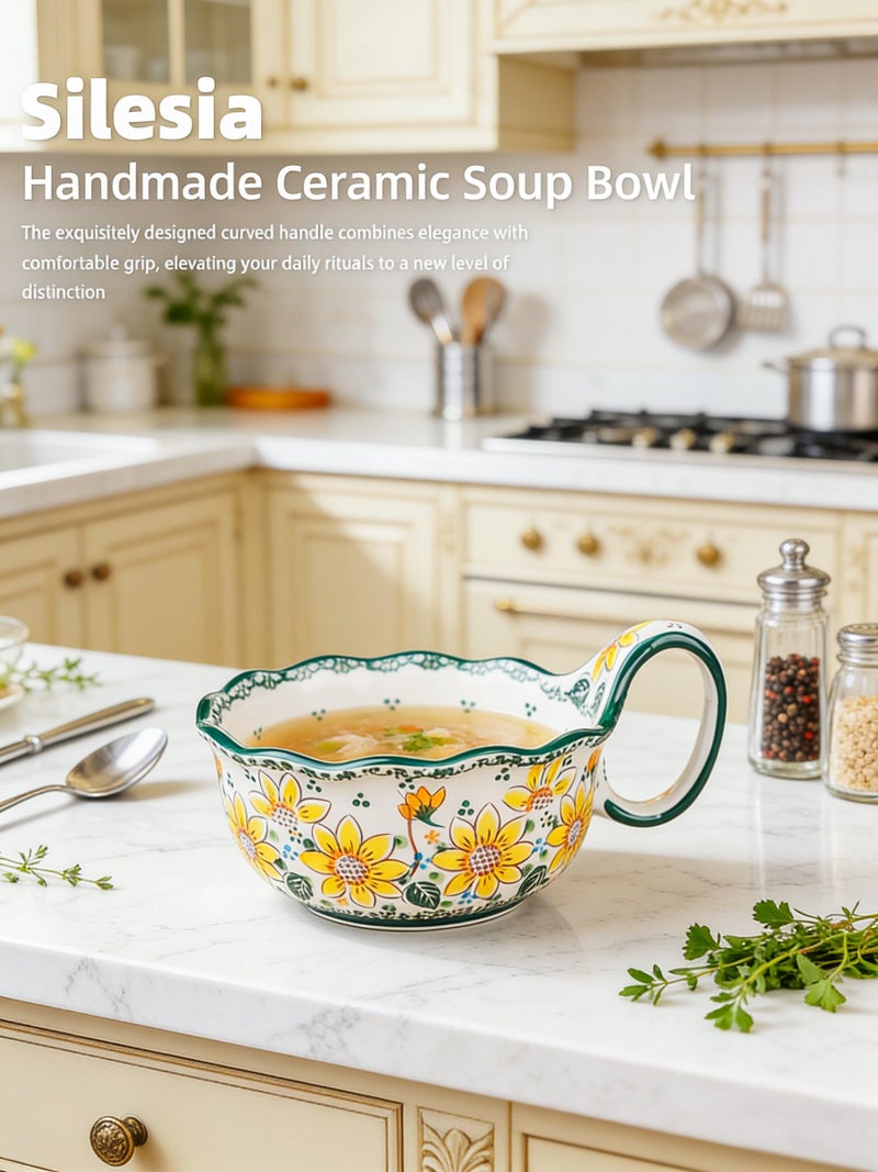 silesia Handmade Ceramic Soup Bowl, 30 oz Hand Painted Bowl with Loop Handle, Floral Design Cereal Bowl for Soup, Ice cream, Snack, Microwave & Dishwasher Safe (Sunflower) - Image 2