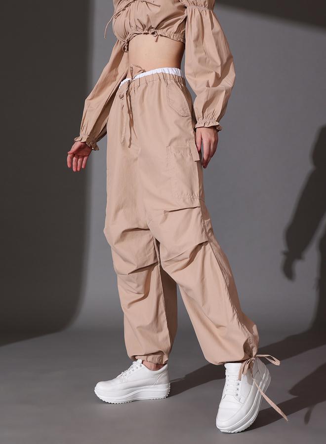 STREET 9 سراويل نسائية فضفاضة من القطن بيج من ستريت - Image 4