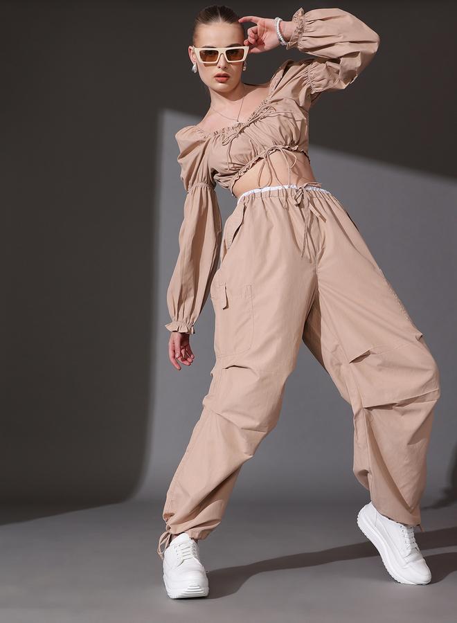 STREET 9 سراويل نسائية فضفاضة من القطن بيج من ستريت - Image 1