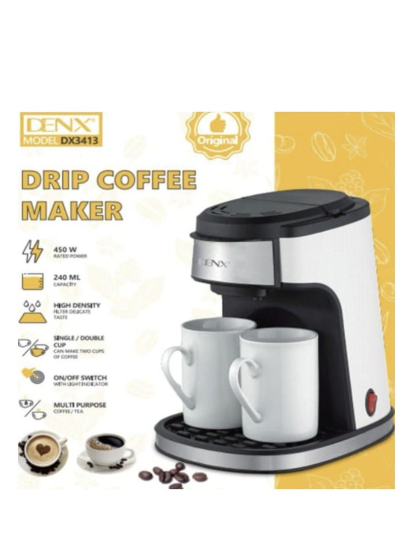 Denx Espresso Drip Coffee Machine Double Cup 450w | DX3413 - Image 3