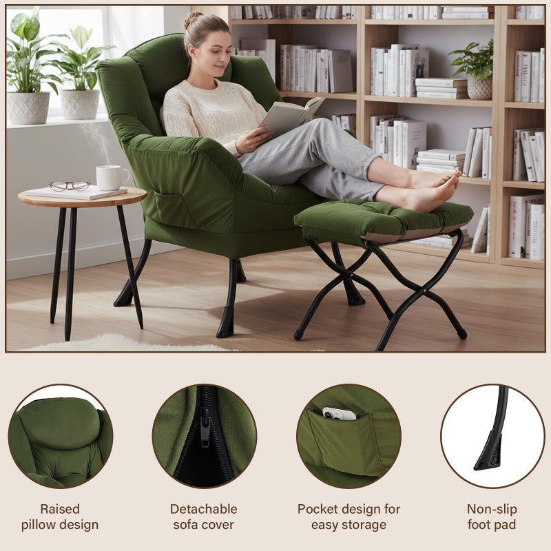 Welnow Lazy Chair with Ottoman, Modern Reading Lounge Accent Chair with Armrests and a Side Pocket, Leisure Upholstered Lazy Sofa Set with Footrest for Small Space, Army Green - Image 2