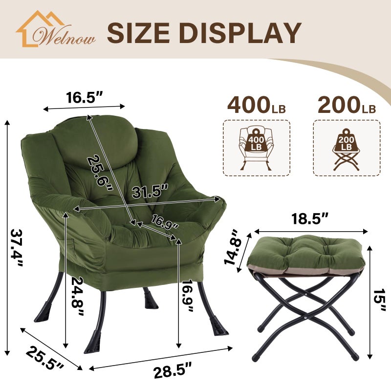 Welnow Lazy Chair with Ottoman, Modern Reading Lounge Accent Chair with Armrests and a Side Pocket, Leisure Upholstered Lazy Sofa Set with Footrest for Small Space, Army Green - Image 3