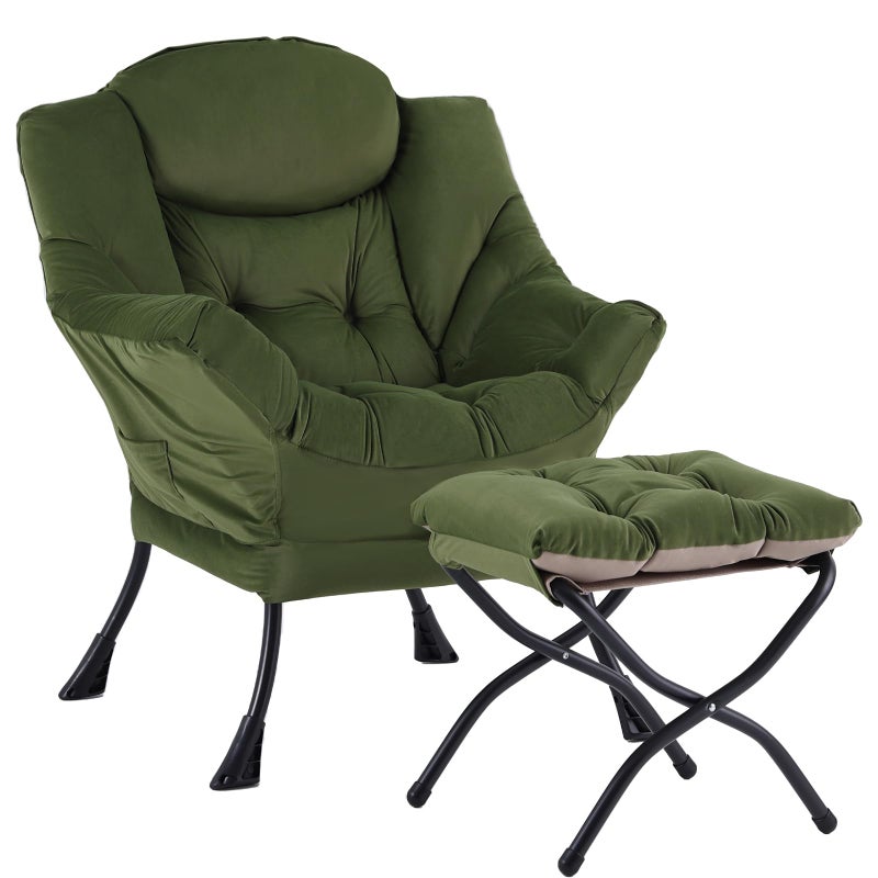 Welnow Lazy Chair with Ottoman, Modern Reading Lounge Accent Chair with Armrests and a Side Pocket, Leisure Upholstered Lazy Sofa Set with Footrest for Small Space, Army Green - Image 1